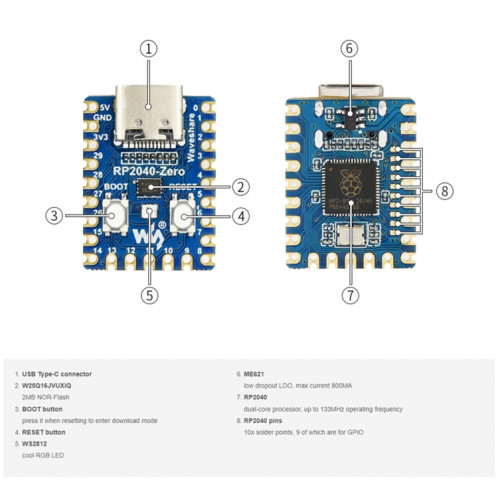 Carte MCU Waveshare de type Pico basée sur Raspberry Pi RP2040, spécifications : zéro SW16011567-08